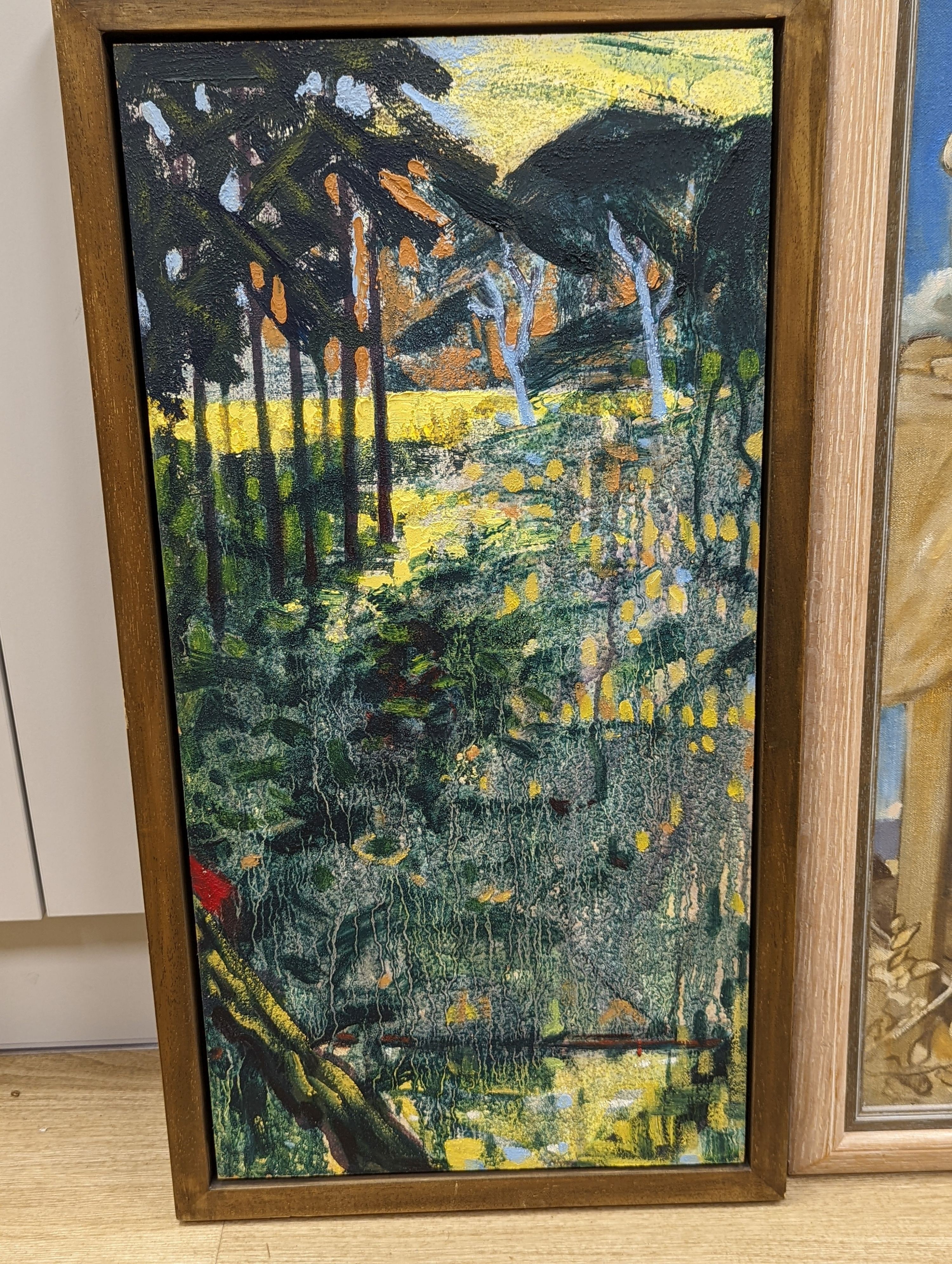 Hazel Morris, pair of oils on board, 'Listen', initialled and dated '04, 61 x 30cm and an unsigned oil on canvas, 62 x 27cm